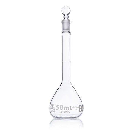 Globe Scientific Flask, Volumetric , Globe Glass, 50mL, Class B, To Contain (TC), ASTME288, 6/Box 8250050
